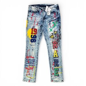RUE 21 Premium Unisex Graffiti Distressed Skinny Fit Denim Jean, NWT!